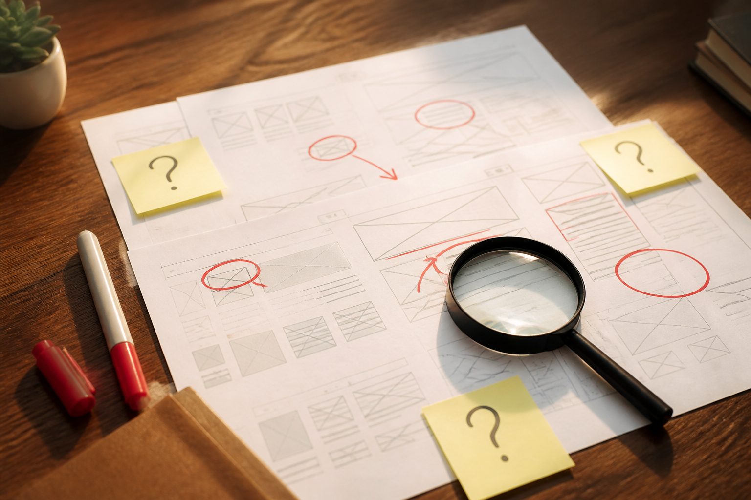 flat-lay of printed website wireframes on a wooden desk with red marker circles on problem areas, sticky notes with question marks, magnifying glass resting on papers, warm directional natural light