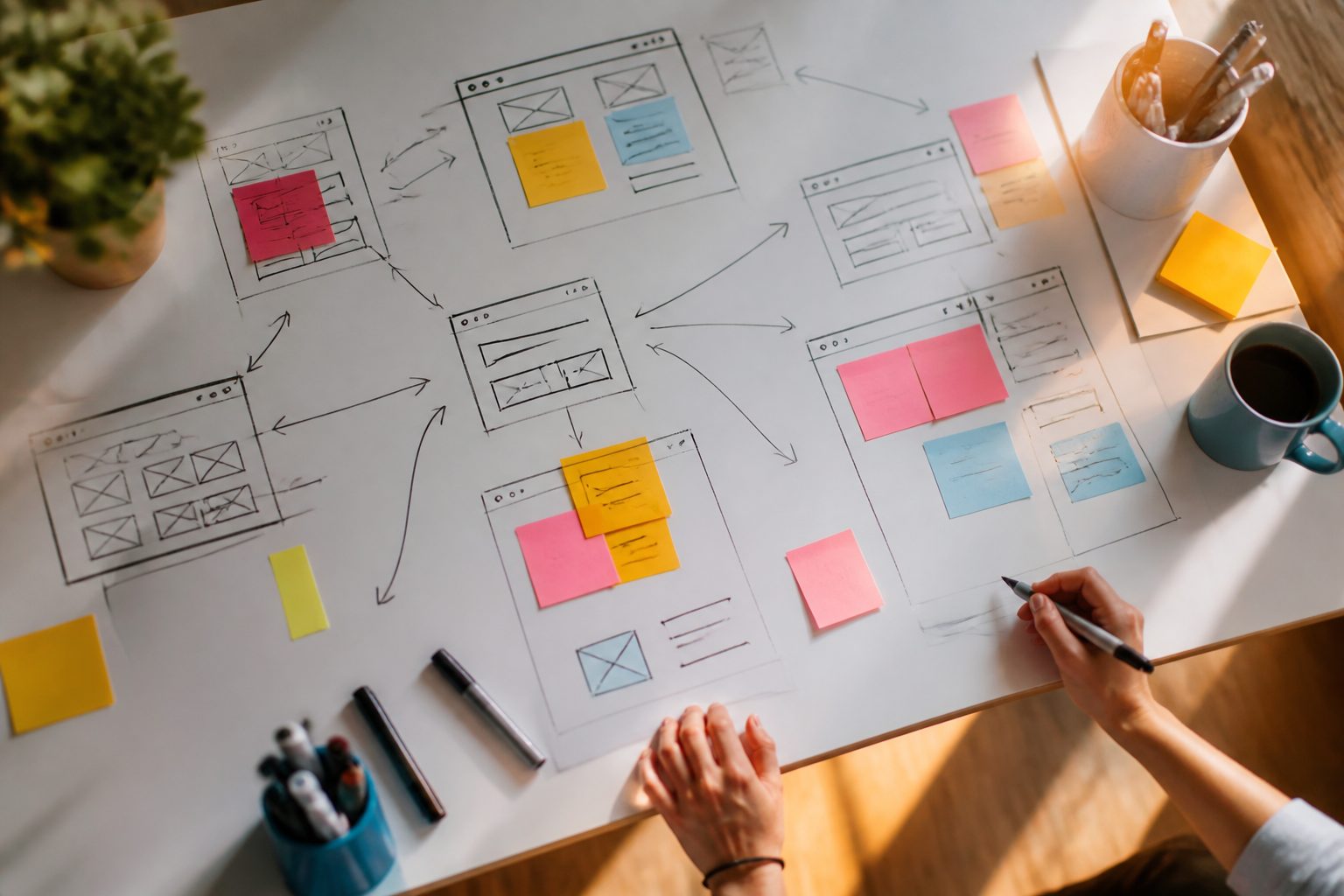 bird's-eye view of a whiteboard covered in a website strategy sketch — arrows connecting sections, sticky notes in different colours, hand-drawn boxes and labels, bright clean modern workspace, warm natural lighting, no readable text